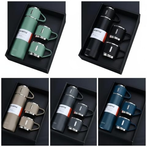 Stainless Steel Vacuum Flask Set with 3 Steel Cups