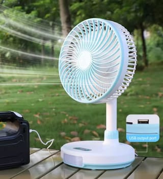 Rechargeable Foldable Table Fan – AC/DC Portable USB Rechargeable Folding Fan | 3 Speed | LED Light | Long Backup 3