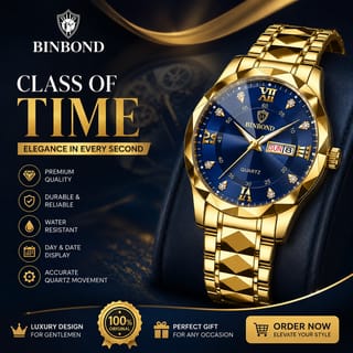 BINBOND 2521 Luxury Brand Luminous Quartz Watch For Men (golden blue) 1