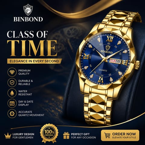 BINBOND 2521 Luxury Brand Luminous Quartz Watch For Men (golden blue)