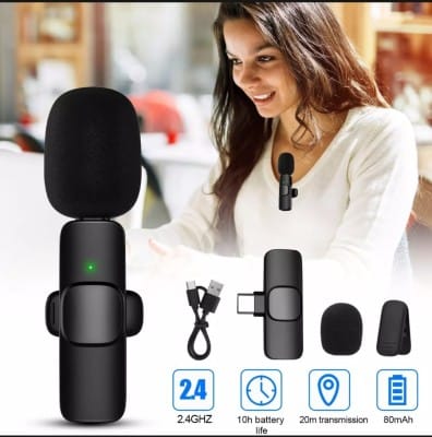 Wireless MicrophoK8 Wireless Microphone for YouTube Vlogging, Video Recording Online Classes with Noise Cancellation Mic Supports (Type C)ne
