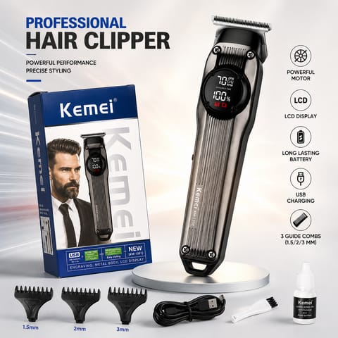 Original Kemei KM-1361 Professional Hair Clipper & Beard Trimmer for Men | Premium Metal Body, Hair Engraving Outliner, USB Type-C Rechargeable (180 Min Runtime) Grooming Kit