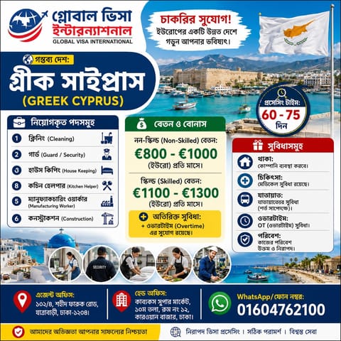 ​ইউরোপের অন্যতম সুন্দর ও উন্নত দেশ গ্রীক সাইপ্রাসে (Greek Cyprus) কাজের ভিসায় যাওয়ার আকর্ষণীয় সুযোগ!
