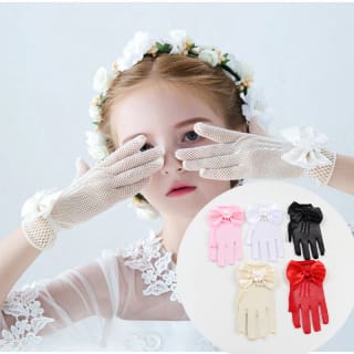 Children's Gloves Summer Thin Girl's Stretch Mesh Bow Princess Performance Flower Girl Bride Wedding Finger White 1