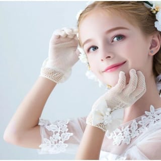 Children's Gloves Summer Thin Girl's Stretch Mesh Bow Princess Performance Flower Girl Bride Wedding Finger White 2