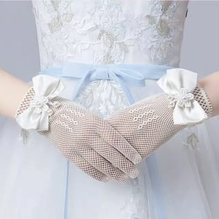 Children's Gloves Summer Thin Girl's Stretch Mesh Bow Princess Performance Flower Girl Bride Wedding Finger White 4