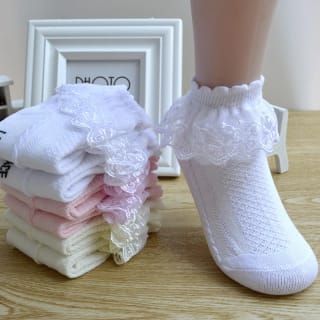 Children's Lace Socks Girls Cotton Socks Spring and Autumn Thin Summer Japanese Lace Princess Short Socks Baby White Dance 1