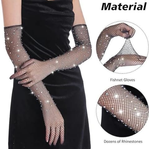 Popular Black Mesh Glitter Diamond Gloves Long Internet Celebrity Sexy Hot Girl Stage Performance Hollow Colored Diamond Fishnet