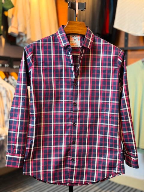 Aurenzo Navy Red Check Casual Shirt