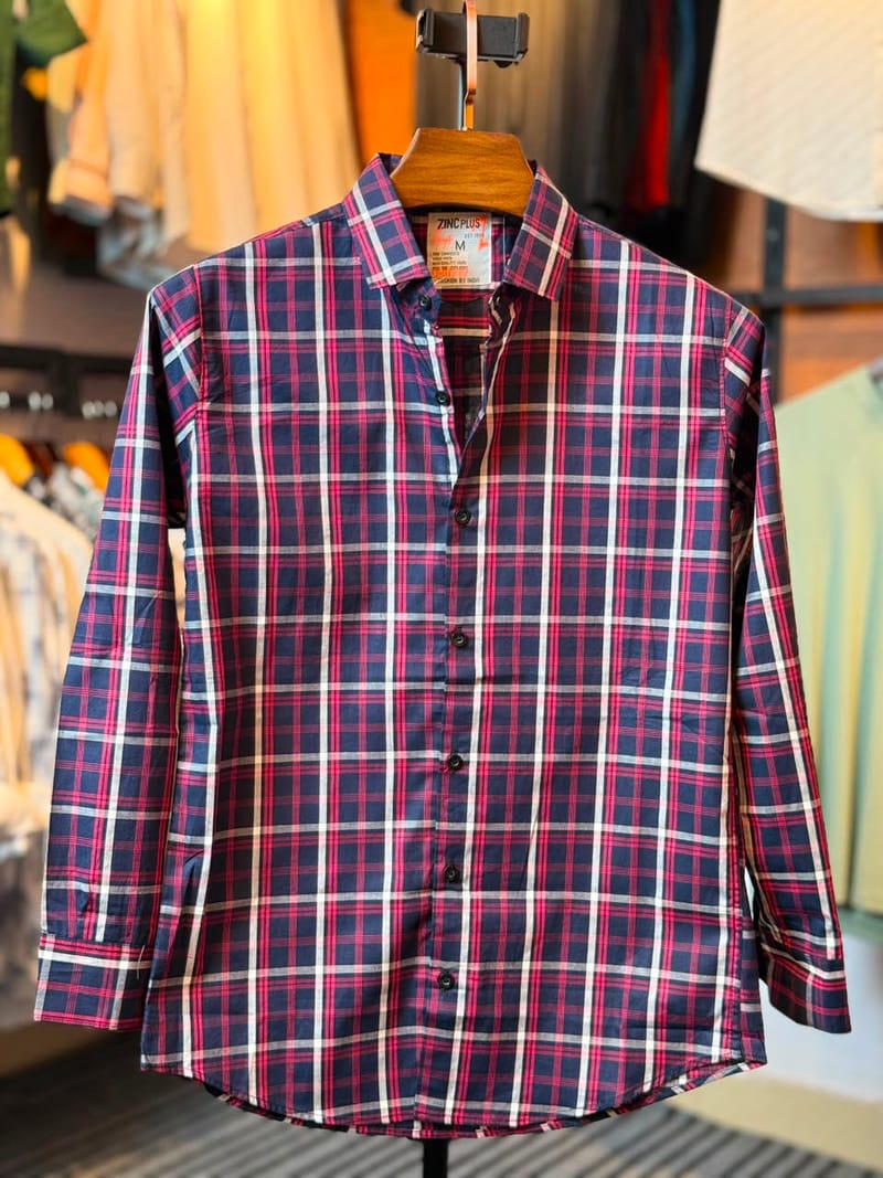 Aurenzo Navy Red Check Casual Shirt