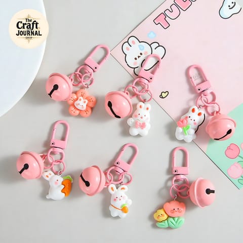 Pink Bell & Bunny Charm Keychain