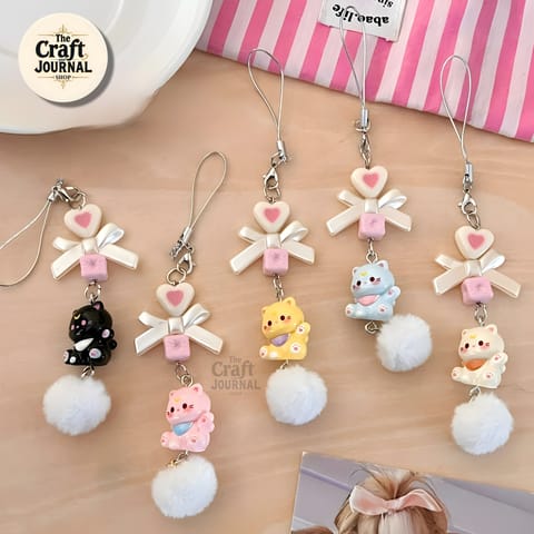 Cat & Bow Phone Charm with Pom Pom