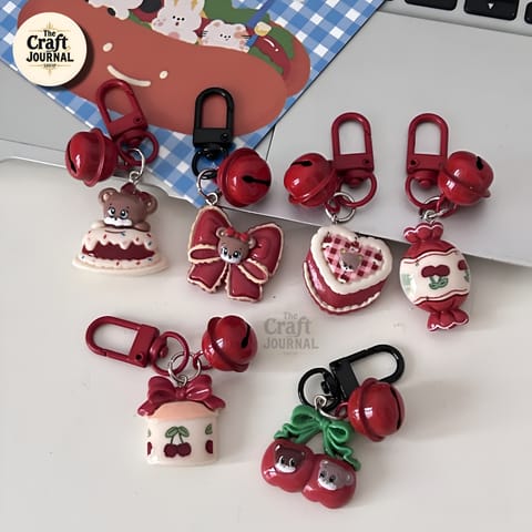 Retro Love Cherry Red Bear Cartoon Bell Keychain