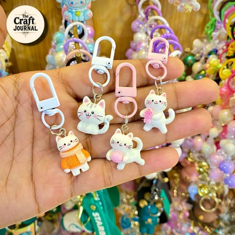 Cute White Cat Keychain – Sweater & Yarn Ball Bag Charm