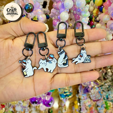 Funny Cat Drinking Wine Metal Keychain – Enamel Bag Charm