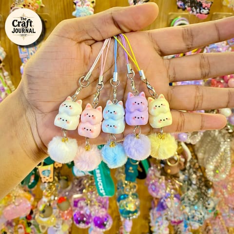 Cute Pastel Cat Plush Phone Charm – Kawaii Cat Strap Keychain