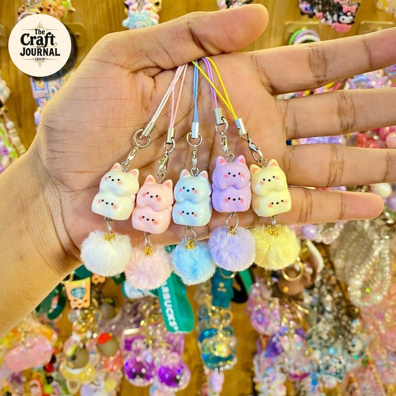 Cute Pastel Cat Plush Phone Charm – Kawaii Cat Strap Keychain