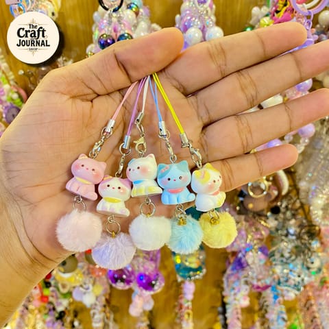 Kawaii Kitten Plush Bag Charm with Pom Pom – Cute Phone Strap Keychain