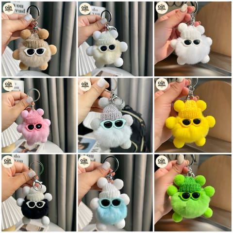 Fluffy Sunglasses Monster Pompom Keychain – Cute Fur Ball Bag Charm