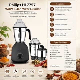 Philips Grinder Mixer HL-7757 | 750W Powerful Motor | 3 Jars 2
