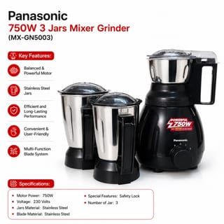 Panasonic 750W 3 Jars Mixer Grinder (MX-GN5003)-Black 3