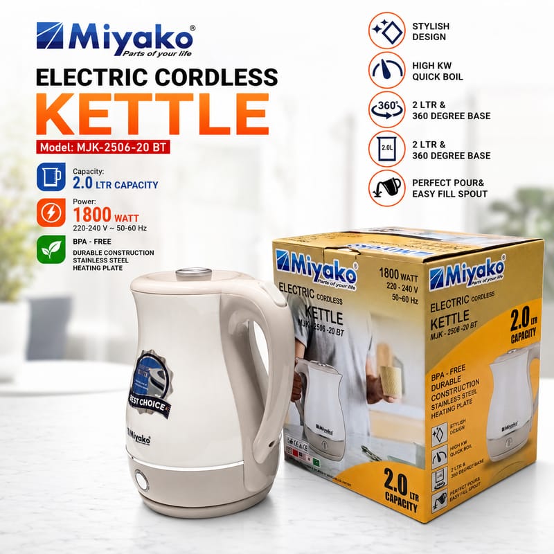 Miyako 1800W 2L Cordless Electric Kettle (MJK-2506-20 BT)