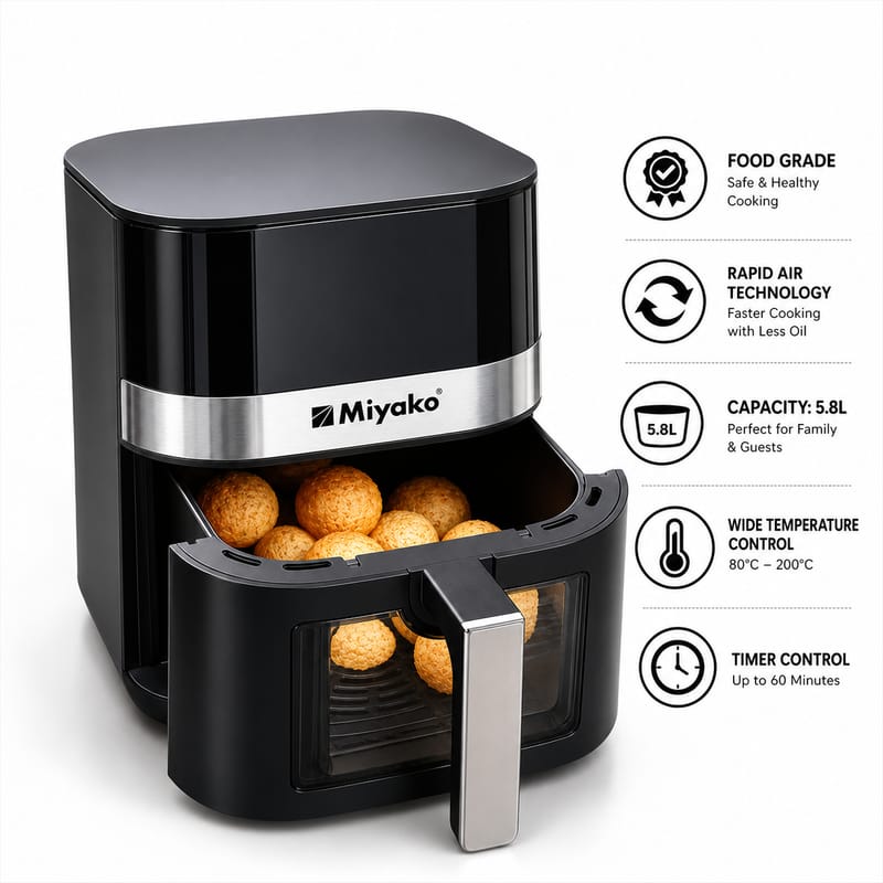 Miyako Air Fryer AF-580-CG-BLK 5.8L 1800W – Digital Touch & Rapid Air Technology Price in Bangladesh