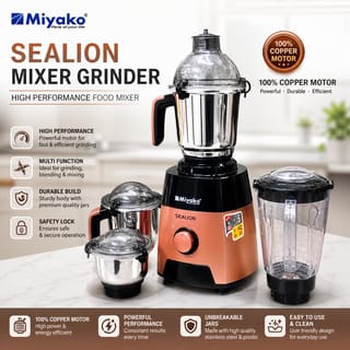 Miyako Sealion Mixer Grinder 1800 Watt – Powerful Blender with Multiple Jars | Copper Motor | Overload Protection 4