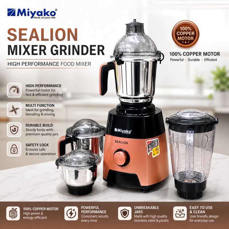 Miyako Sealion Mixer Grinder 1800 Watt – Powerful Blender with Multiple Jars | Copper Motor | Overload Protection
