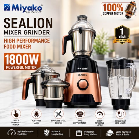 Miyako Sealion Mixer Grinder 1800 Watt – Powerful Blender with Multiple Jars | Copper Motor | Overload Protection