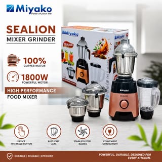 Miyako Sealion Mixer Grinder 1800 Watt – Powerful Blender with Multiple Jars | Copper Motor | Overload Protection 5