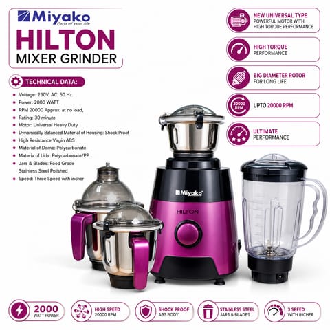 Miyako 2000W Hilton 3-Jar Mixer Grinder
