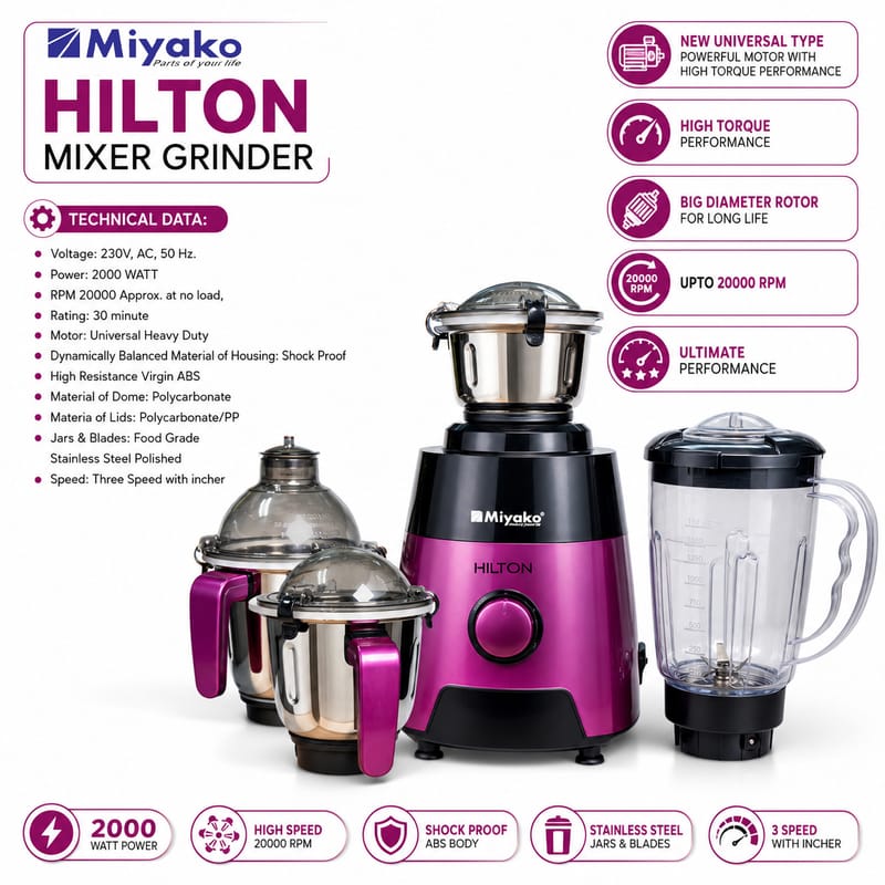 Miyako 2000W Hilton 3-Jar Mixer Grinder
