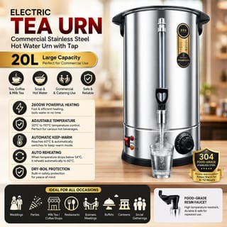 Large capacity prestige Electric Tea Urn, Commercial Stainless Steel Hot Water Urn with Tap, Catering Beverage Dispenser, Insulated Container for Coffee, Water, Soup & Milk Tea — 20L  1