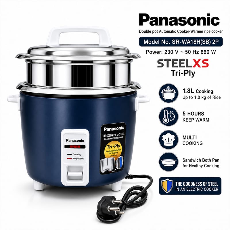 Panasonic Automatic Cooker-Warmer Rice Cooker – SR-WA18H(SB)2P | 1.8L Tri-Ply Stainless Steel Rice Cooker