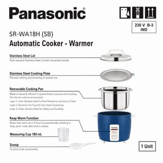 Panasonic SR-WA18H(SB) Automatic Rice Cooker & Warmer with 1.8L capacity, Tri-Ply stainless steel cooking pan, keep warm function, Japan quality design, and durable rust-resistant body 3