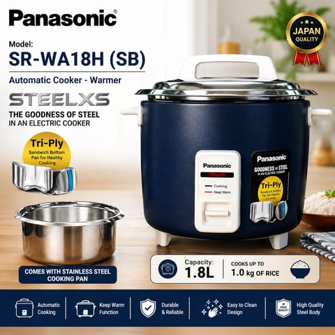 Panasonic SR-WA18H(SB) Automatic Rice Cooker & Warmer with 1.8L capacity, Tri-Ply stainless steel cooking pan, keep warm function, Japan quality design, and durable rust-resistant body