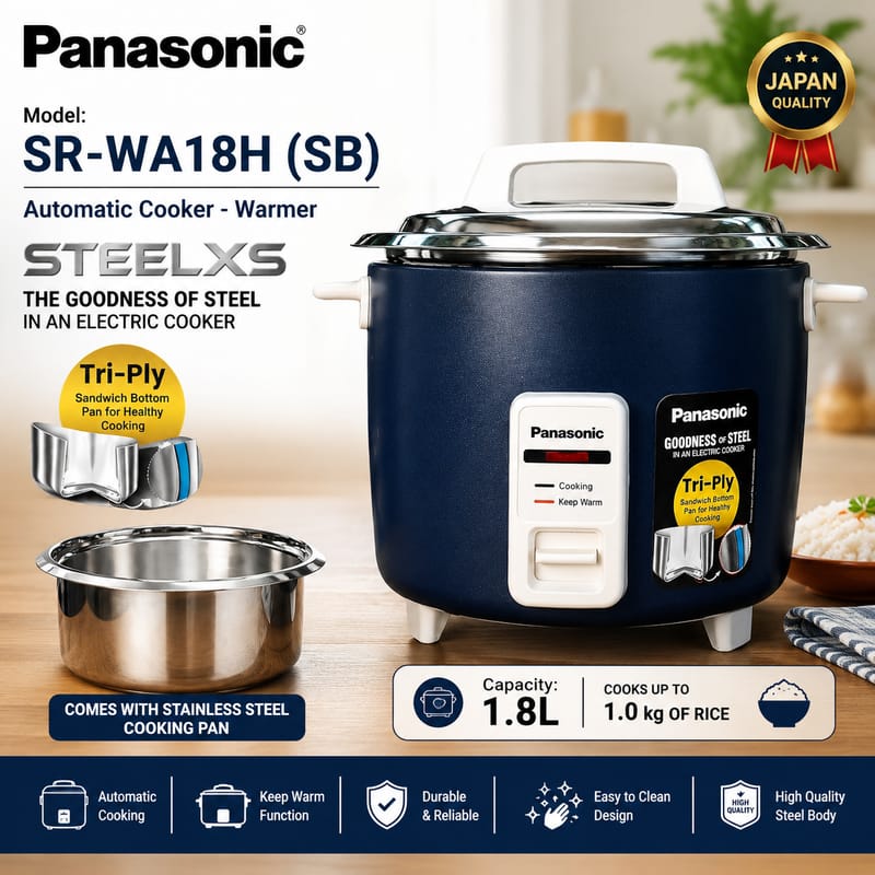 Panasonic SR-WA18H(SB) Automatic Rice Cooker & Warmer with 1.8L capacity, Tri-Ply stainless steel cooking pan, keep warm function, Japan quality design, and durable rust-resistant body