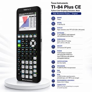 Texas Instruments TI-84 Plus CE Python Color Graphing Calculator, Black | High-Resolution Display | Original 1