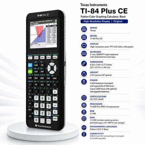 Texas Instruments TI-84 Plus CE Python Color Graphing Calculator, Black | High-Resolution Display | Original