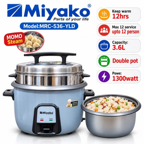 Miyako MRC-536-YLD 3-in-1 Rice Cooker – 3.6L+0.4L Big Capacity, 1300W, 3D Heating, Keep Warm 12 Hrs, Serves up to 12