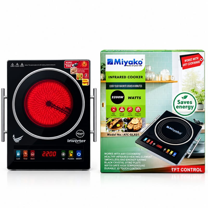 Miyako Infrared Cooker 2200W Smokeless Energy Saving Electric Stove with Black Crystal Vitro Plate ATC-GLX01