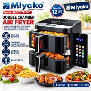 Miyako Air Fryer AF-1202CP-ENC 12L Double Chamber Digital Air Fryer Oil Free Cooking 360° Hot Air Circulation 2800W 3