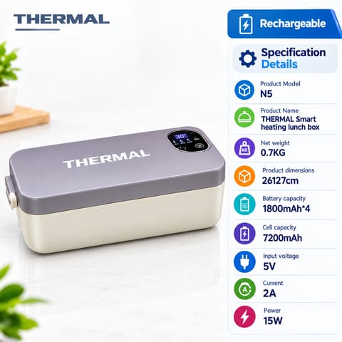 N5 Rechargeable Smart Heating Lunch Box | 7200mAh Battery | Portable Food Warmer | 304 Stainless Steel Electric Lunch Box for Adults with Digital Display