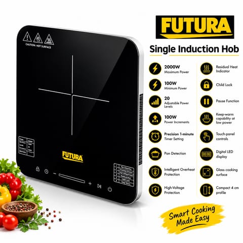 Hawkins Futura Single Induction Cooktop 2000W FIC1A1 | Touch Panel Induction Hob with 20 Power Levels, Digital LED Display & Child Lock – Made in India