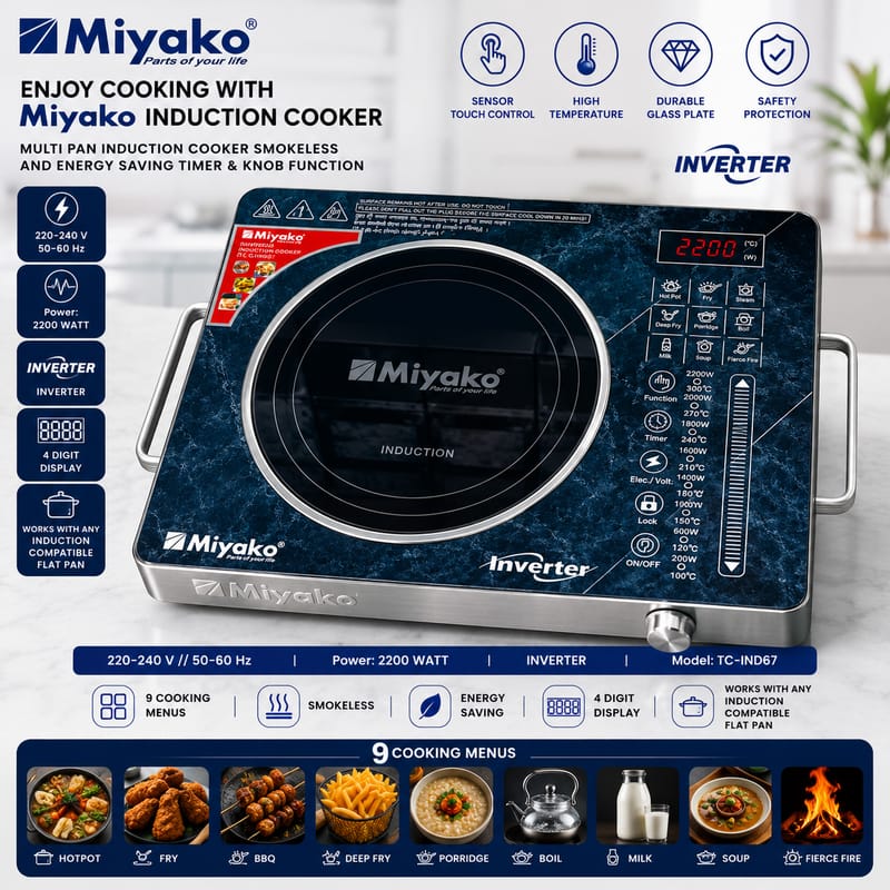 Best Induction Cooker Miyako TC-IND67 | 2200W | Smokeless | Multi Function Cooker | | Smokeless | Fast Cooking | Energy Saving