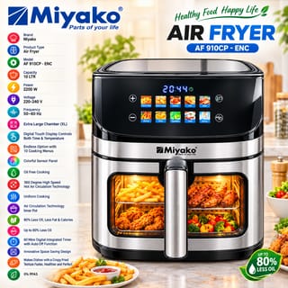 Miyako Air Fryer 10L 2200W | AF-910CP-ENC Digital Touch Screen Air Fryer | Oil Free Cooking | 10 Cooking Menus | 80% Less Oil | XL Capacity 3