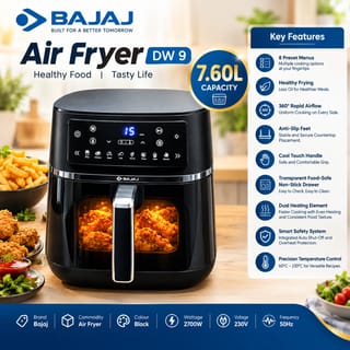 Bajaj Air Fryer DW 9 – 7.60 L Large Capacity, 2700W Digital Oil-Free Air Fryer (Black) | Healthy Cooking 1