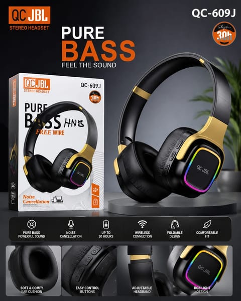 QC-JBL QC-609J Wireless Stereo Headset â Pure Bass, Noise Cancellation & RGB Light