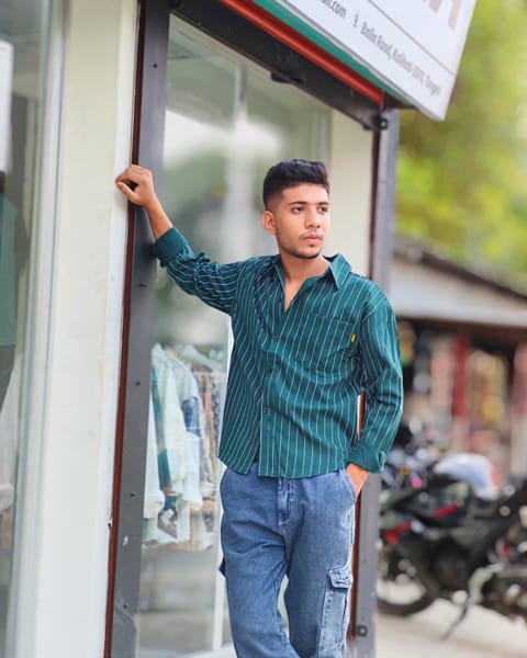 Deep Green Pinstripe Casual Shirt